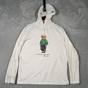 Polo Ralph Lauren T Shirt Mens L White Polo Bear Hoodie Long Sleeve *FLAWS